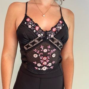 Pink Floral Black Tanktop